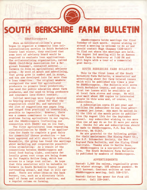 Example of a S.H.A.R.E. South Berkshire Farm Bulletin, where buyers pooled to find local sellers of organic produce prior to CSAs.