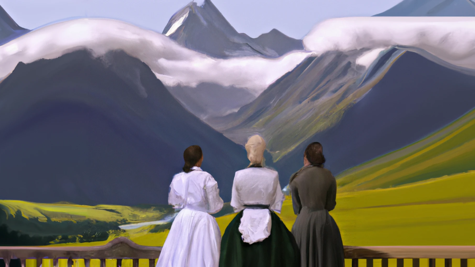 A romantic oil painting of three Victorian women overlooking majestic mountain peaks.