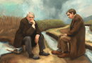 A romantic oil painting featuring the pragmatist philosophers John Dewey and Richard Rorty sitting next to gentle streams multiplying away from them into the background.