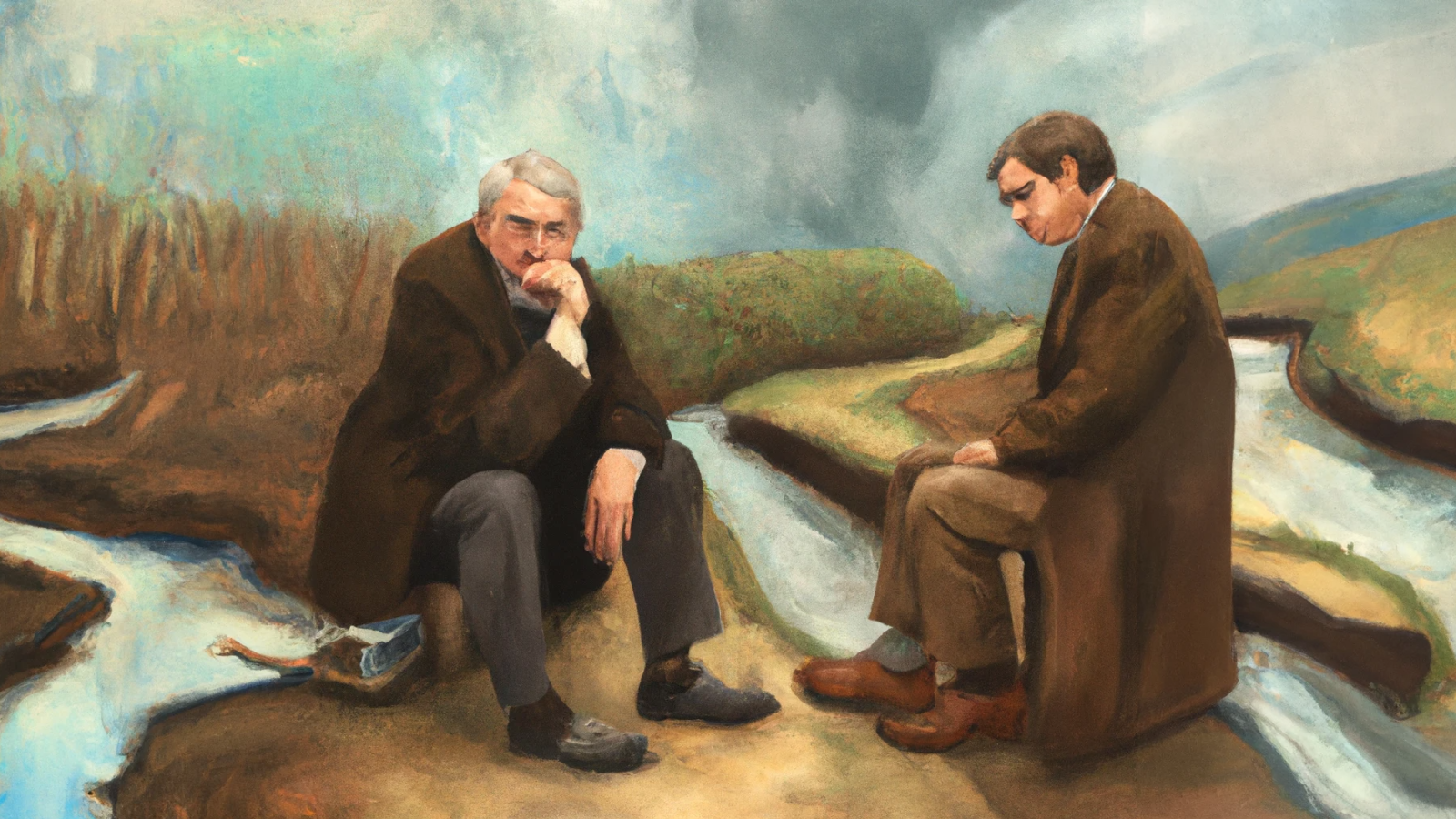 A romantic oil painting featuring the pragmatist philosophers John Dewey and Richard Rorty sitting next to gentle streams multiplying away from them into the background.