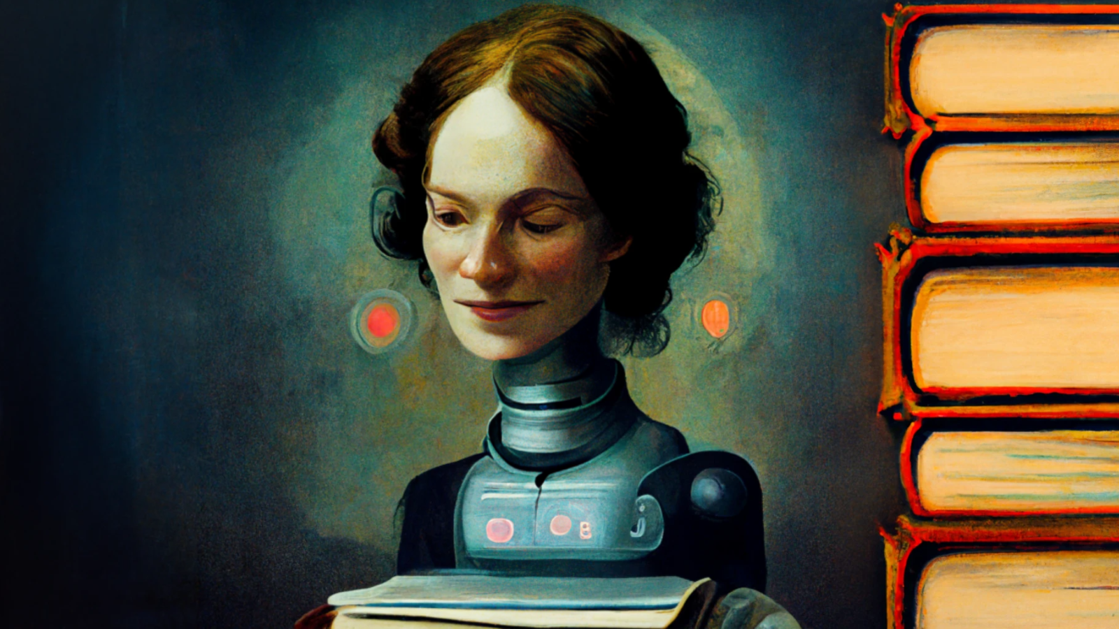 An oil painting of Charlotte Brontë as a robot writing a novel while surrounded by stacks of leather-bound books.