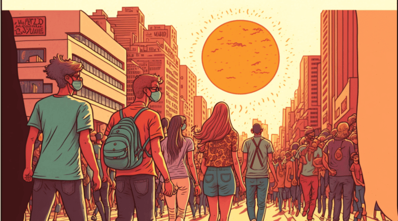 An illustration of people in a city walking toward a scorching sun, some people are wearing COVID masks.