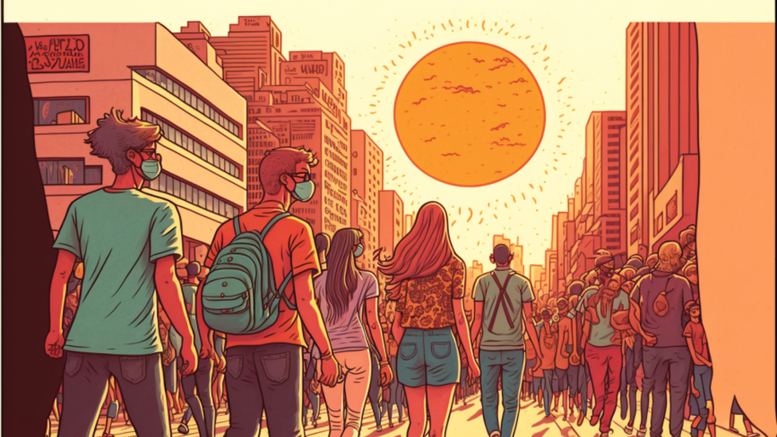 An illustration of people in a city walking toward a scorching sun, some people are wearing COVID masks.