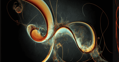 An abstract painting of two swirling but never intersecting curving lines.