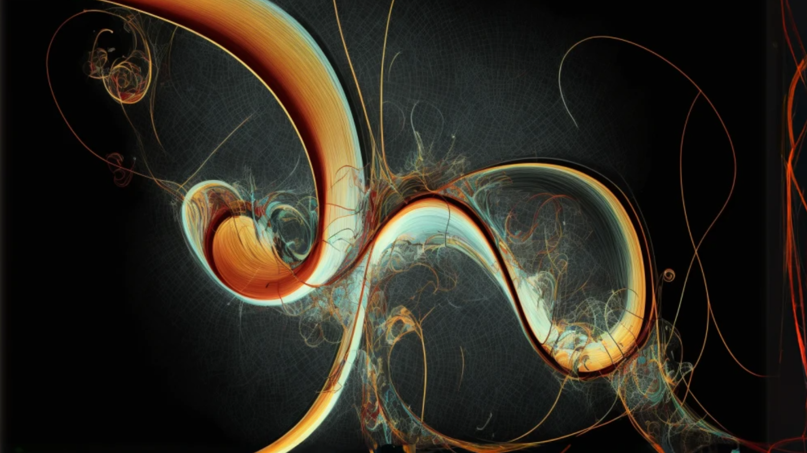An abstract painting of two swirling but never intersecting curving lines.