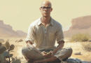 A middle-aged man in jeans and a button-up shirt sits in the lotus position in the Arizona desert.