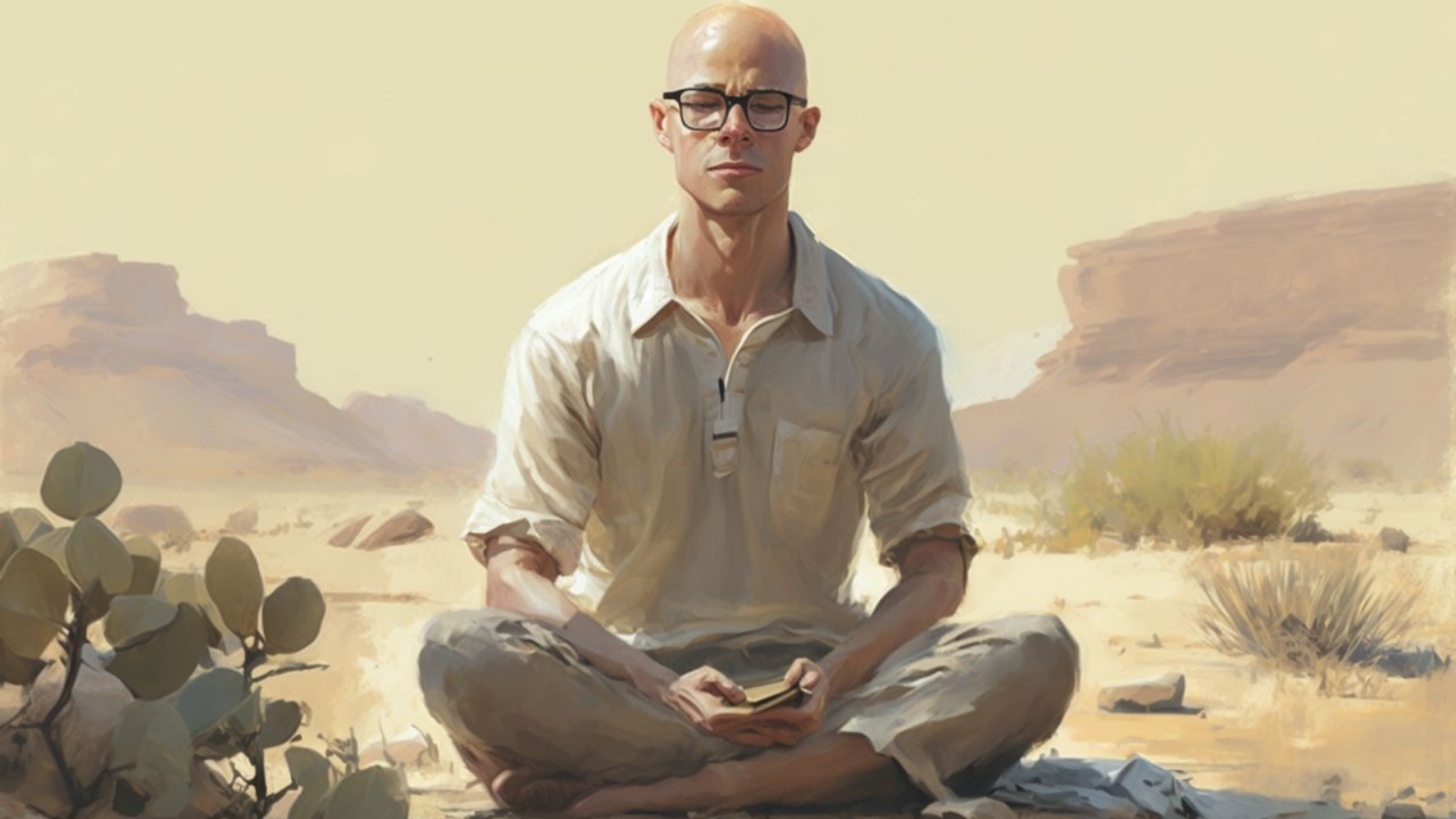 A middle-aged man in jeans and a button-up shirt sits in the lotus position in the Arizona desert.