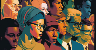 An abstract illustration of racially diverse people looking to the side, representing beta-modernism.