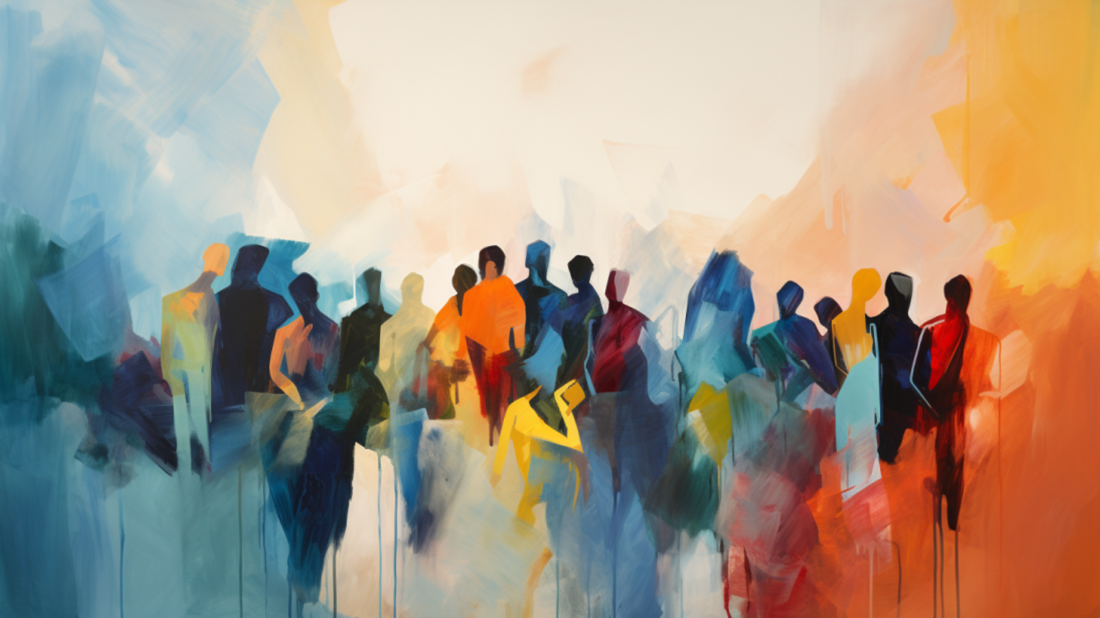 An abstract expressionist illustration of numerous people standing together.